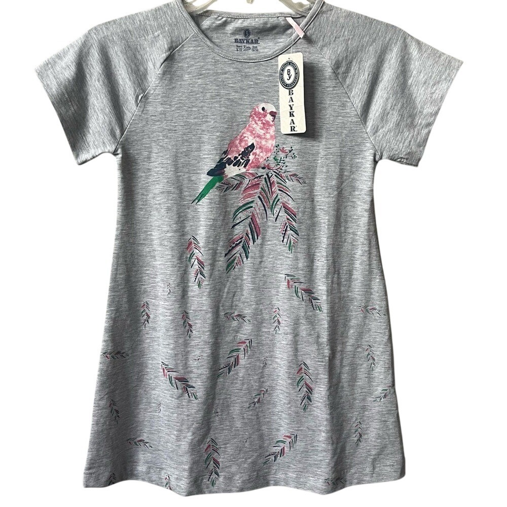 Short Sleeve Nightgown Girls 9/10 Light Gray Stretchy Feather Bird Dress NWT